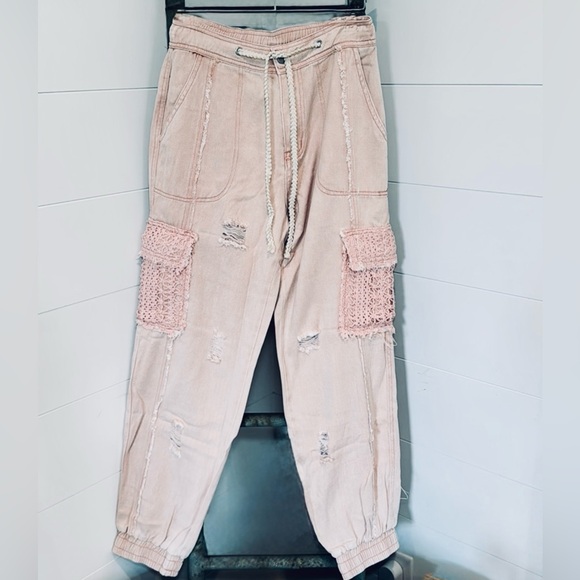 POL Pants - NWT POL  - Pink Denim Distressed Crochet Pocket Cargo Pants